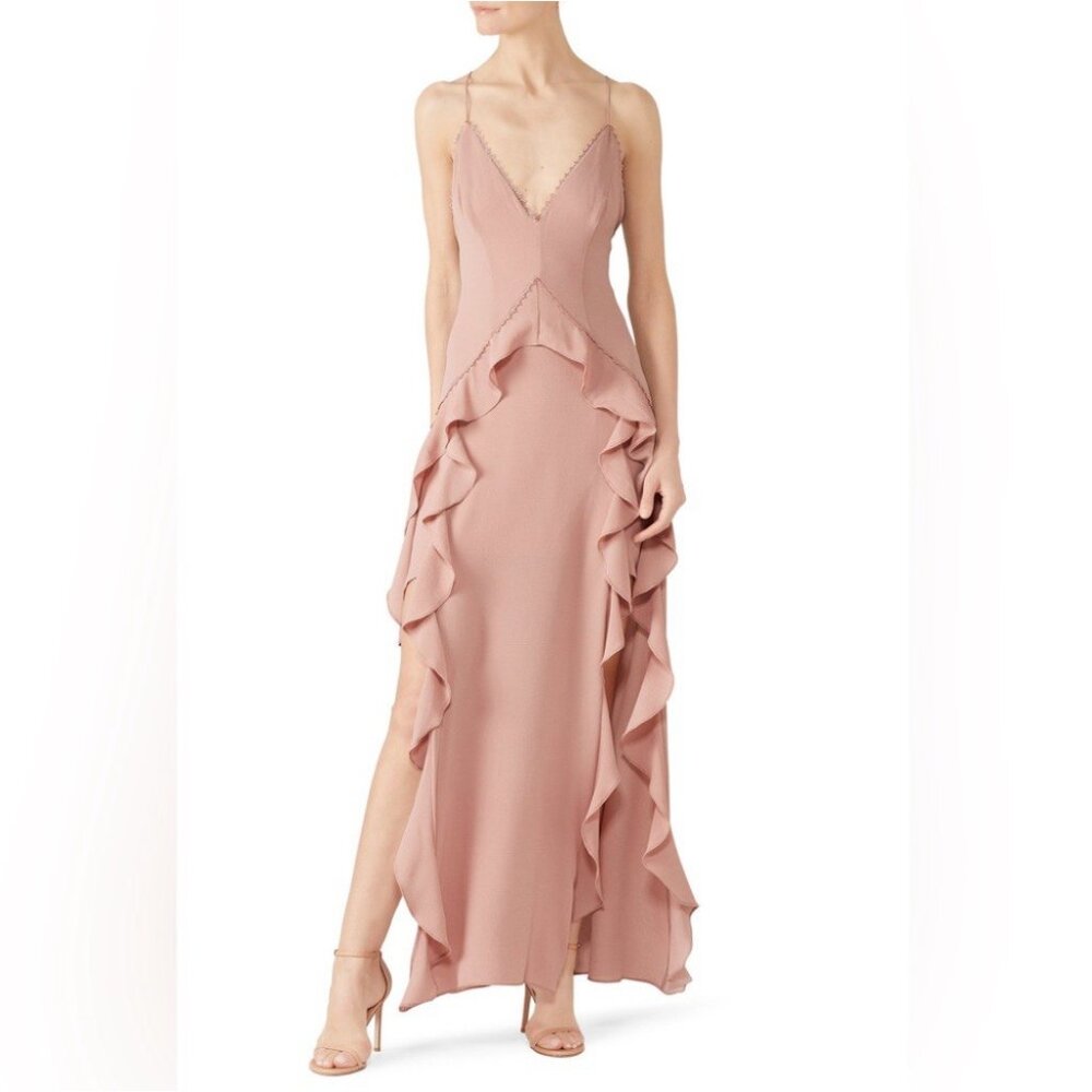L'atiste By Amy Rose Halter Ruffle Gown Dress Two Slit Side Size MEDIUM NEW